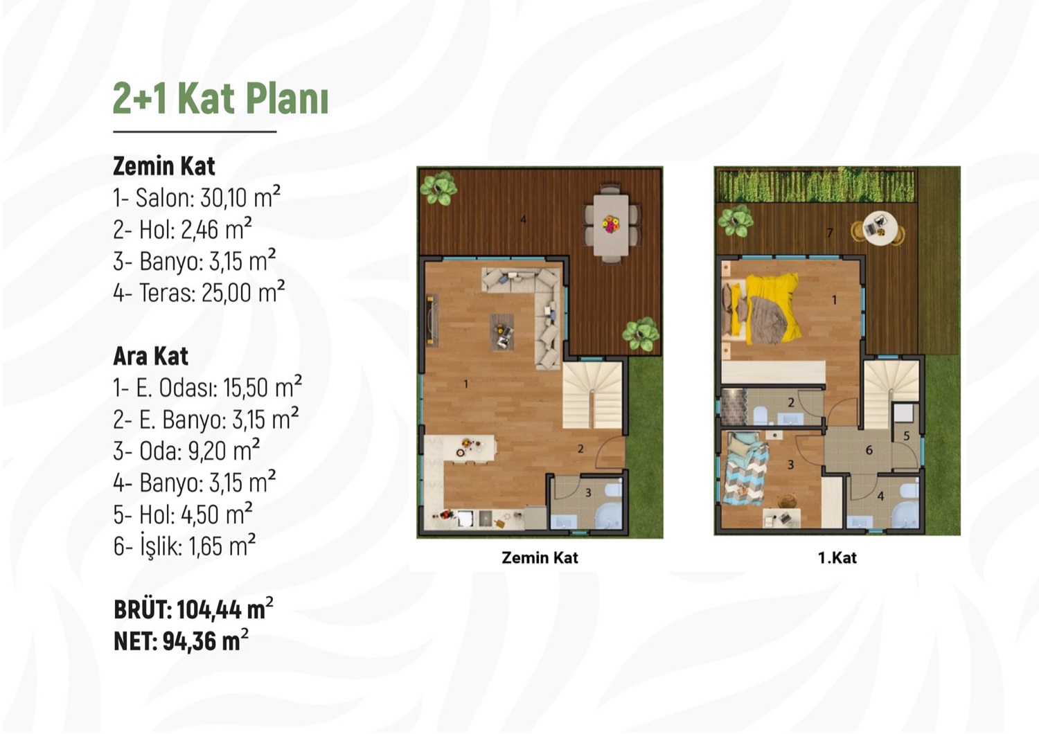 YakaVilla 2+1 Kat Planı — Zemin ve Ara Kat, Brüt 104,44 m²